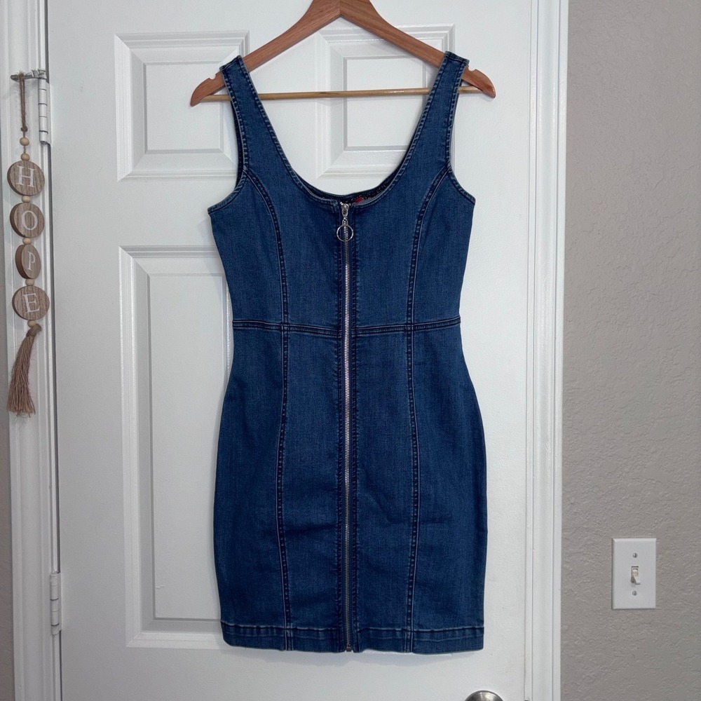 GUESS Women's Y2K Dark Blue Denim Wash Bodycon Mini Dress Stretch Retro Sz  S